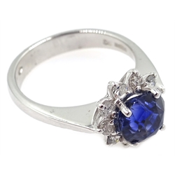  18ct white gold sapphire and diamond cluster ring, hallmarked, sapphire approx 2.1 carat, diamonds approx 0.3 carat  