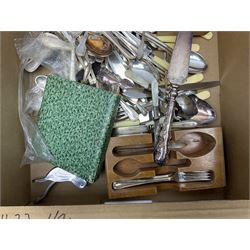 Set of four hallmarked silver teaspoons modelled on spoons from the Roman Imperial period, silver fork, and quantity of silver plated and other cutlery to include Walker & Hall, in two boxes