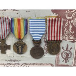 Six WW1 French medals comprising Valor Discipline 1870 3rd Republic Military Medal, Croix De Guerre with star, Croix Du Combattant, Medaille Inter-Alliee De La Victorie, Orient Medal and Medaille Commemorative De La Grande Guerre 1914-18; all with ribbons; mounted, framed and glazed with certificate named to Mr. Gebelin Herve Brigadier au 4th Chassrs. D'Afrique