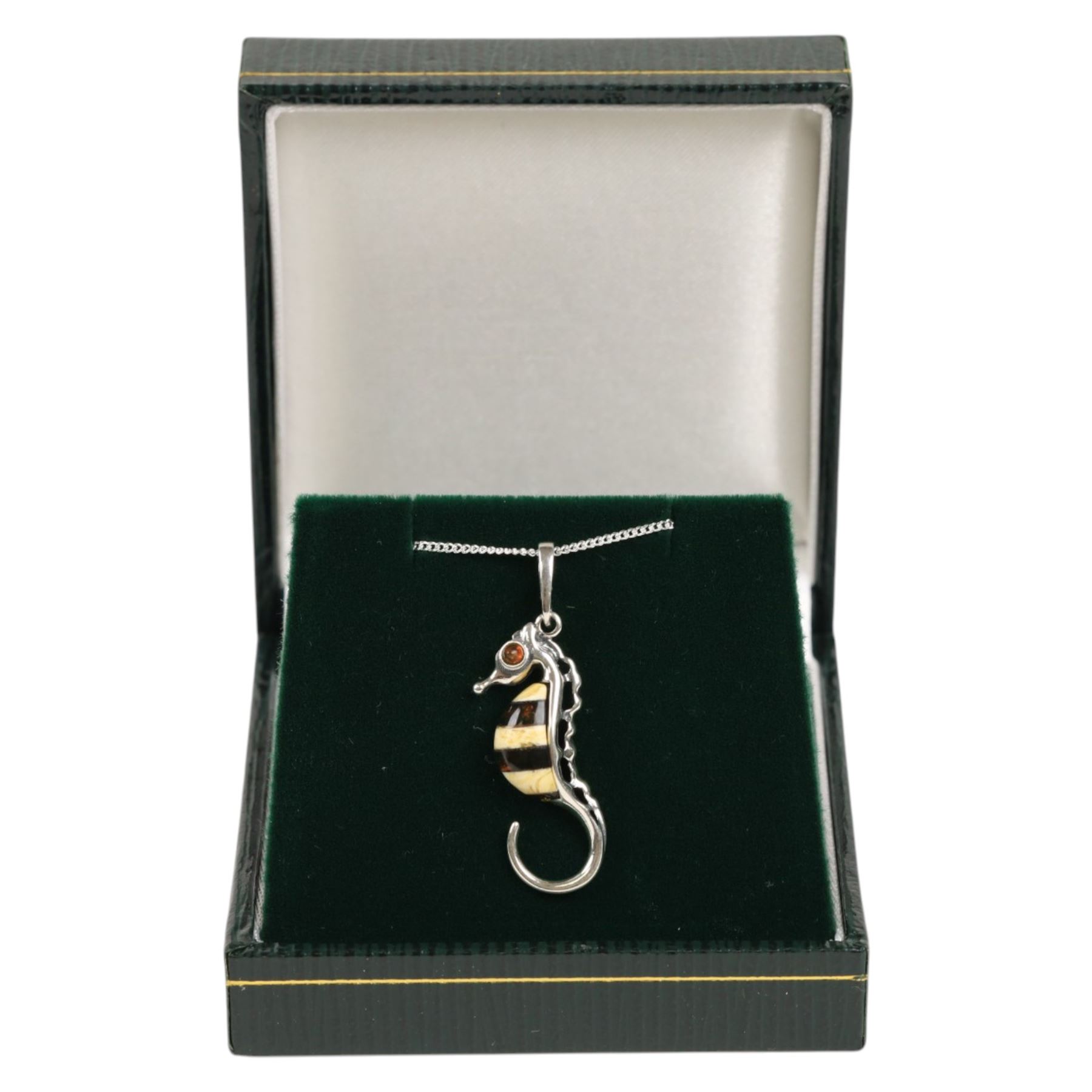 Baltic amber seahorse pendant necklace, boxed