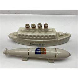 Ten WW1 crested china military models comprising submarine, four ships including Lusitania, four Zeppelins/balloons and an aircraft; various makers including Arcadian China, Swan China, Carlton China, Waterfall, Grafton China etc; various crests including Saint Neots, Great Yarmouth, Tewksbury, Swanage, Simons Town, Hull etc (10)