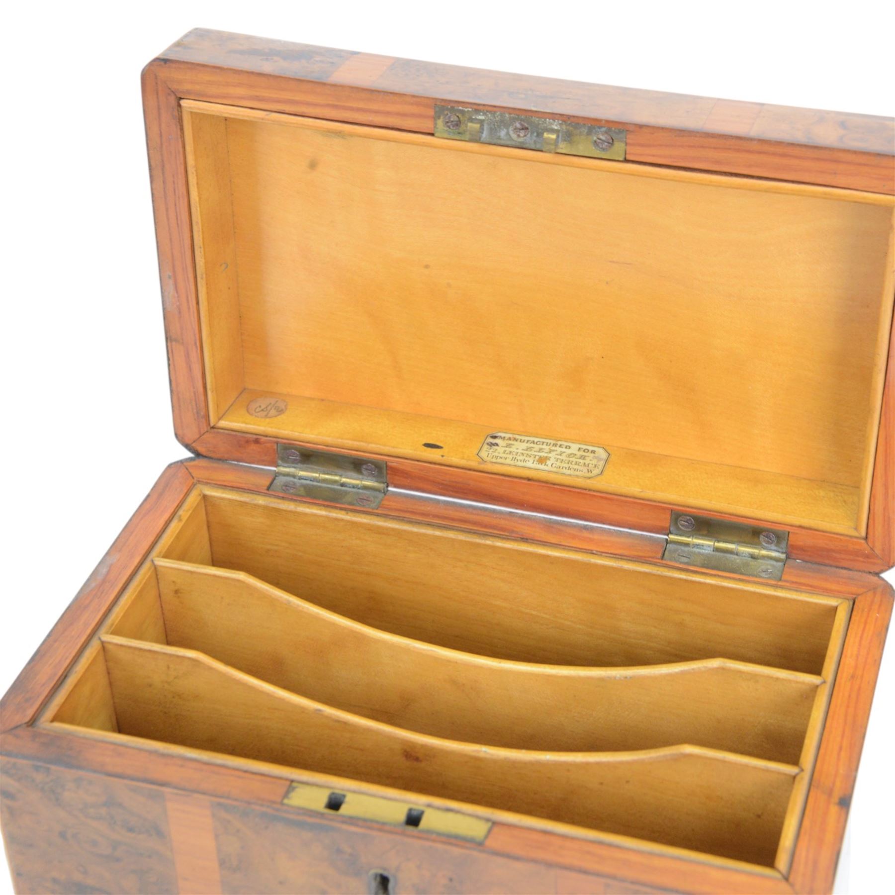 Burr walnut Stationery box, with poker work decorated, the hinged lid opening to reveal three letter interior, with manufacturer plaque for E Elfick 22 Leinster Terrace, Upper Hyde Park Gardens, H12cm