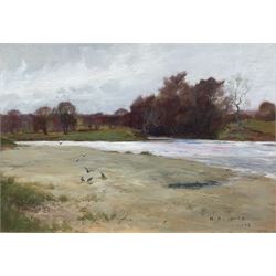 Maud Raphael Jones (British 1862-1935): Birds on the Riverbank in Autumn, oil on board signed and dated '98, 24cm x 34cm 