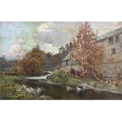 English School (19th century): Ducks by the Mill, oil on canvas, indistinctly signed and titled verso 30cm x 45cm