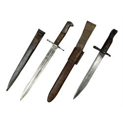 WW1 Canadian Ross Rifle Co. 1907 Model Mk.II bayonet with 25.5cm steel blade; dated 3/16; in leather scabbard with frog L42cm overall; and Schmidt-Rubin Model 1918 bayonet by Elsener Schwyz numbered 683648; in steel scabbard (2)