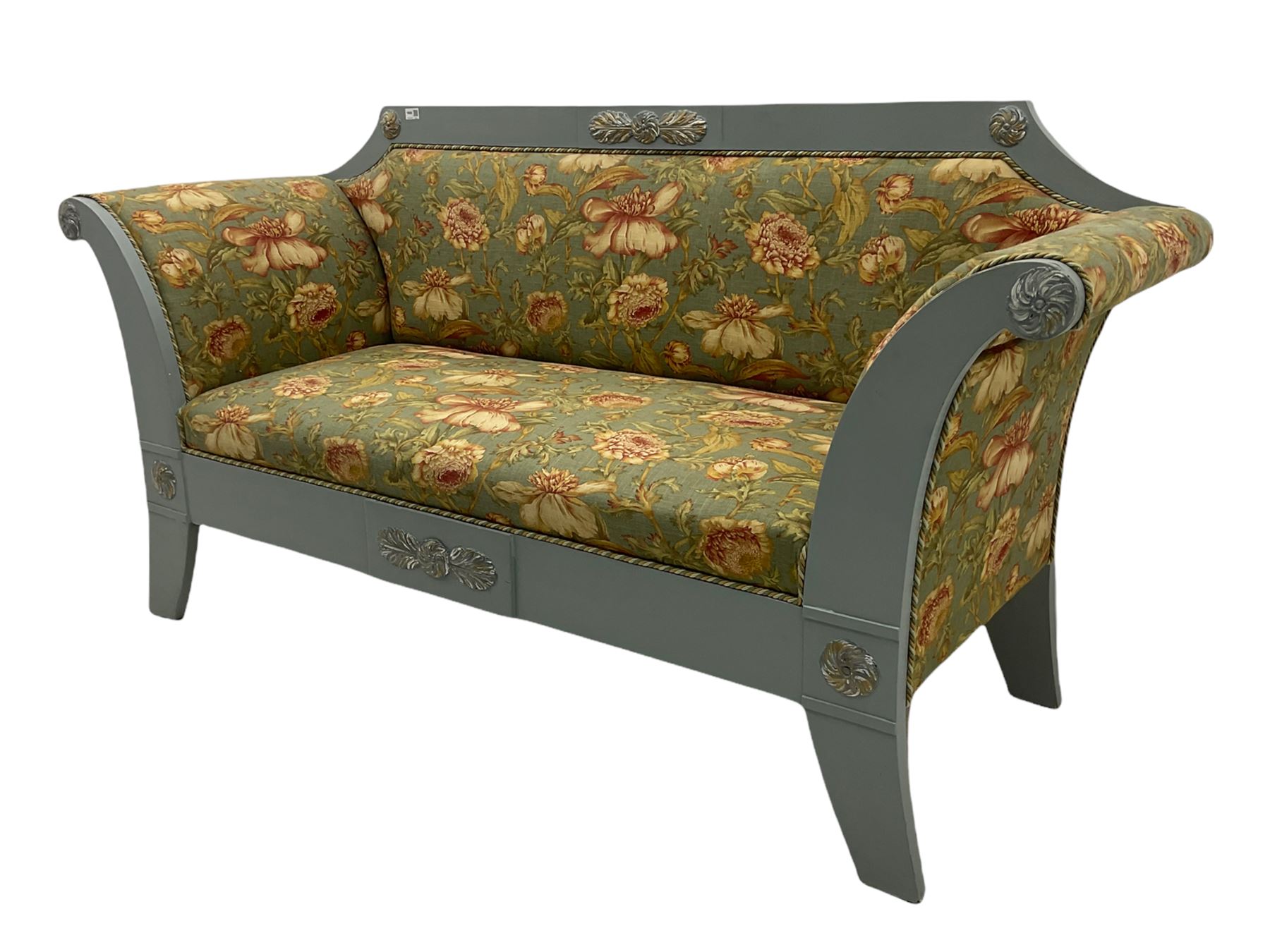 French empire style settee upholstered in 'Leighton' by Margarita Cushing floral fabric, grey painted and gilt frame