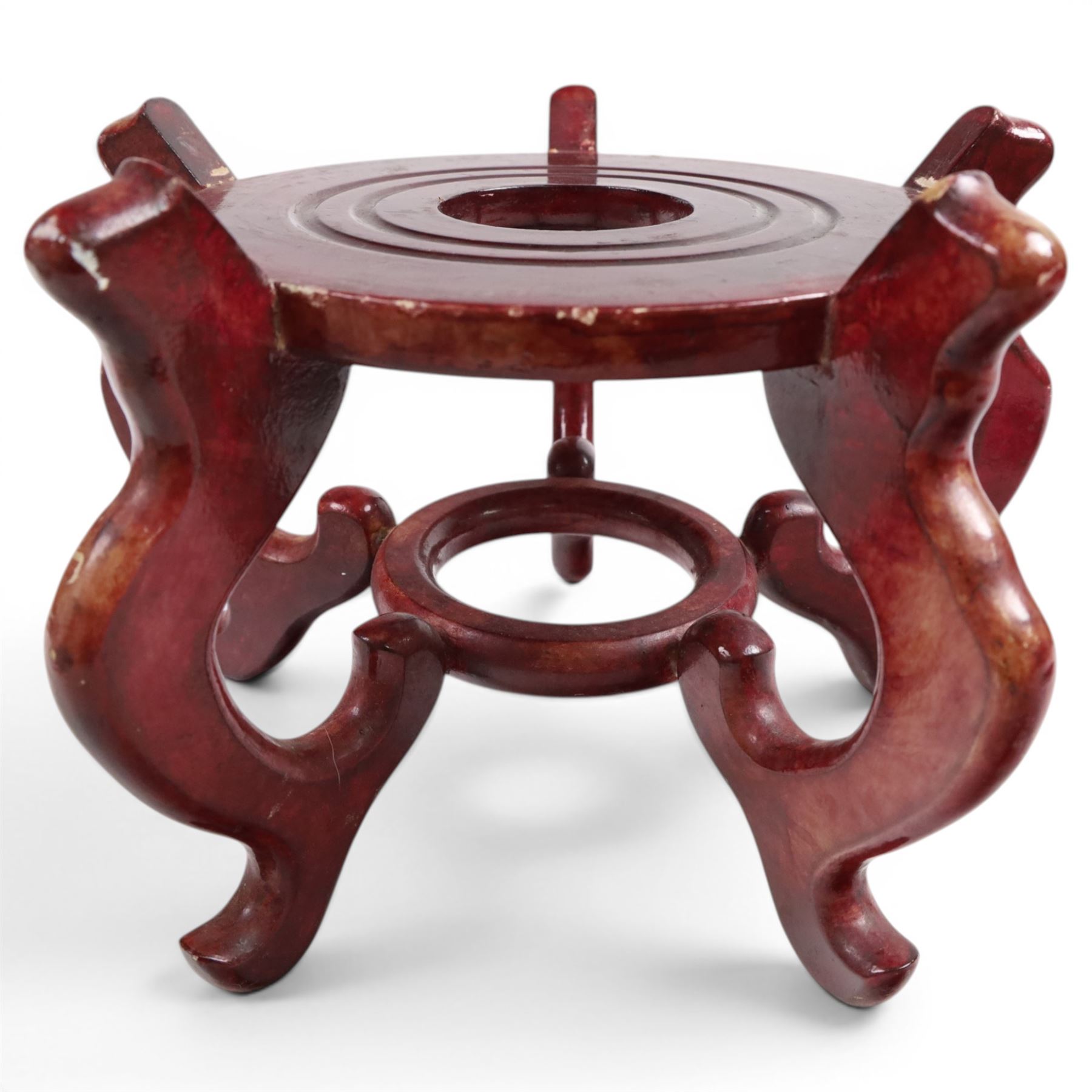 20th century Chinese famille rose fishbowl, decorated with birds in foliage, on hardwood stand, H43cm