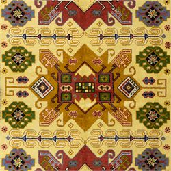 Caucasian Kazak design wool rug, cream field with three large geometric medallions and stylised hooked motifs, enclosed by polychrome reciprocal border and green floral guard stripes
