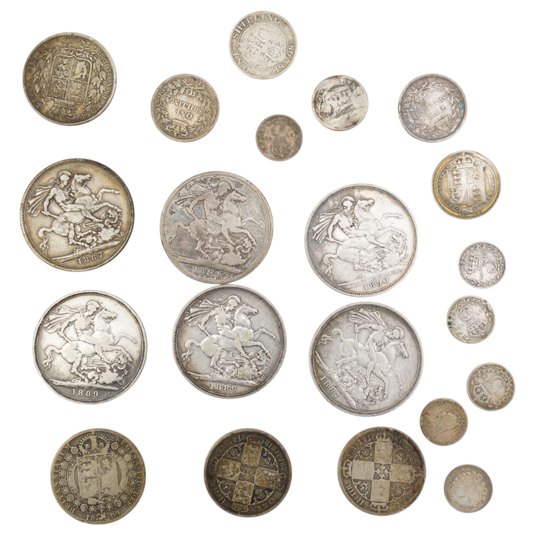 Six Queen Victoria silver crown coins, 1887 (2), 1889 (2), 1890, and 1891, and approximately 80 grams of further Great British pre-1920 silver coins