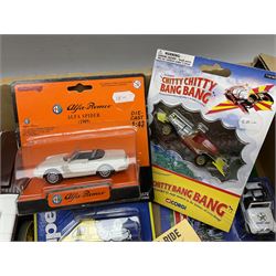 Corgi - collection of modern Showmans/Circus die-cast models including Dodgem car transporters, caravans, traction engines etc; all unboxed; and nine unopened blister packed models by Corgi, New-Ray etc including Chitty Chitty Bang Bang, Transit Vans etc