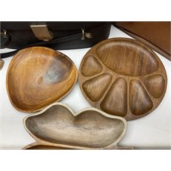 Brass oil lamp, with etched floral glass shade, leather Gladstone style doctors bag, leather satchel and vintage vanity case, three graduating wooden giraffes and other wood and metal ware, lamp H54cm