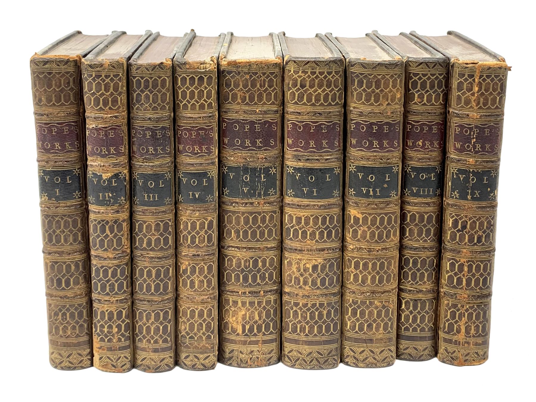 The Works of Alexander Pope. 1756. Nine volumes. Octavo. Full calf leather binding with gilt panelled spine.