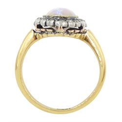 19th / early 20th century silver and gold, marquise cut opal and rose cut diamond cluster ring, stamped 18ct