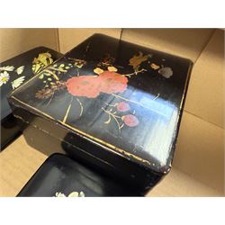 Papier mache boxes, including glove box, jewellery box and two square boxes and a crumb tray