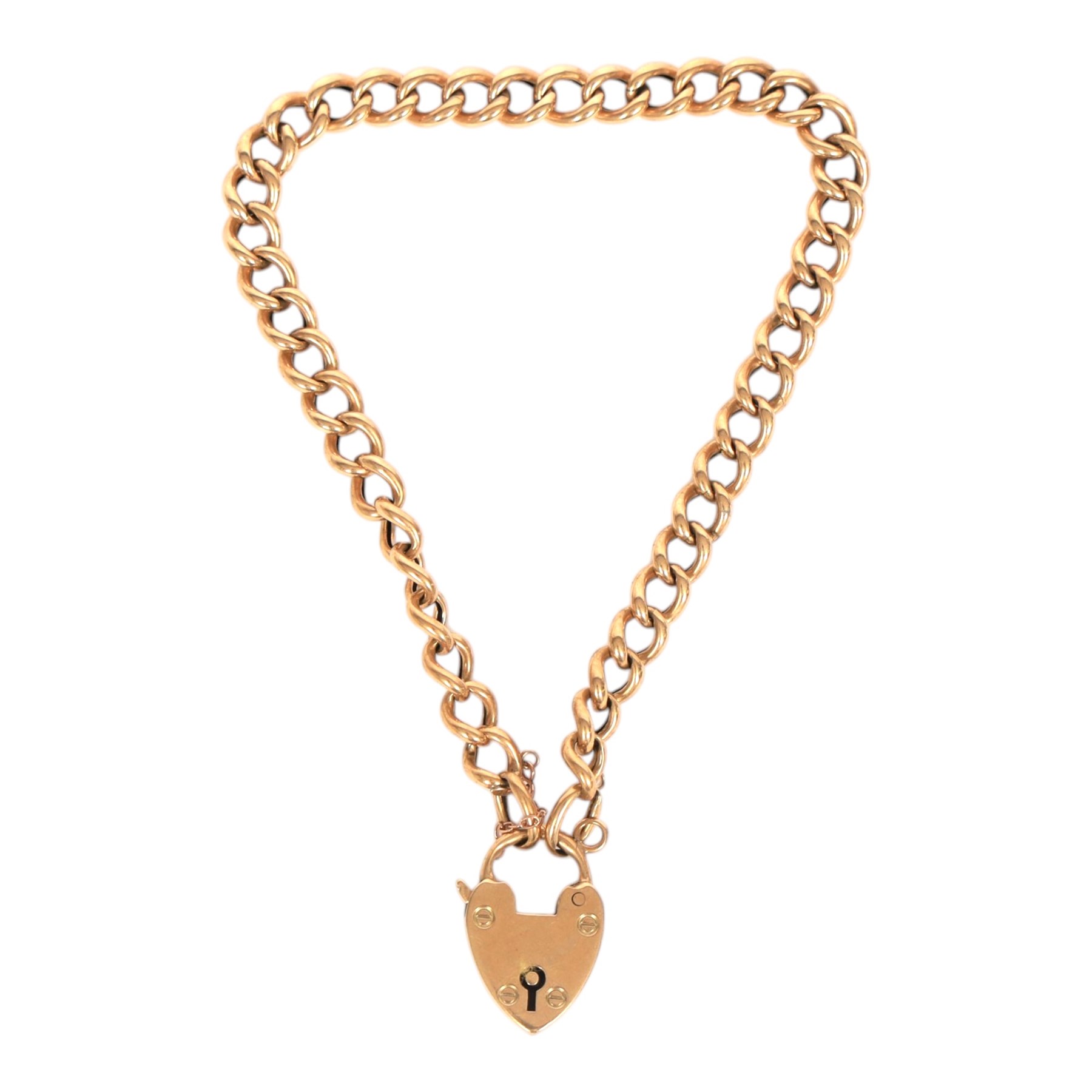 9ct gold curb link bracelet with heart padlock clasp, hallmarked