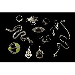 Collection of silver jewellery including Irish Celtic design, marcasite and stone set brooch, Dublin 1970, Blue John and marcasite brooch, garnet pendant necklace and matching earrings, pearl brooch and pendant, rings and pendant, all stamped or hallmarked