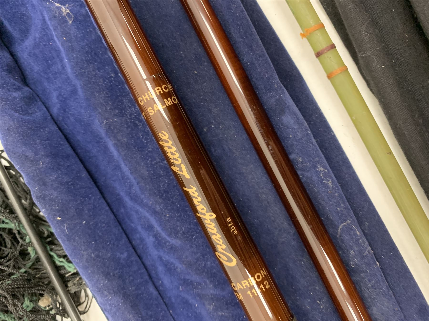 Fishing rods including 15ft IM6 carbon salmon rod  by Crawford Little (Bob Church),  fly rod with Rimfly Concept 375 reel etc, some in bags