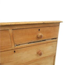 Victorian waxed pine chest, fitted with two short and three long drawers, turned wooden handles, raised on plinth base