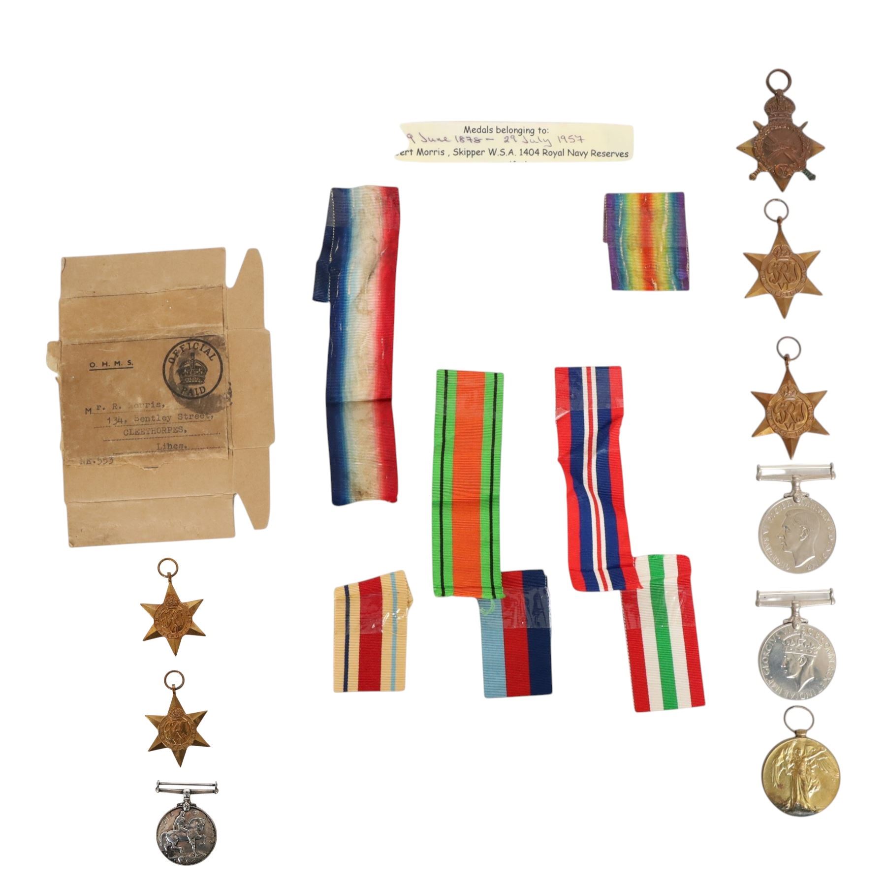 WWI and WWII medal group, comprising 1914-15 star, Victory medal and War medal, 1939-45 star, Atlantic star, Italy Star, African star, War medal and defence medal, awarded WSA Robert Morris, Skipper, Royal Navy Reserve