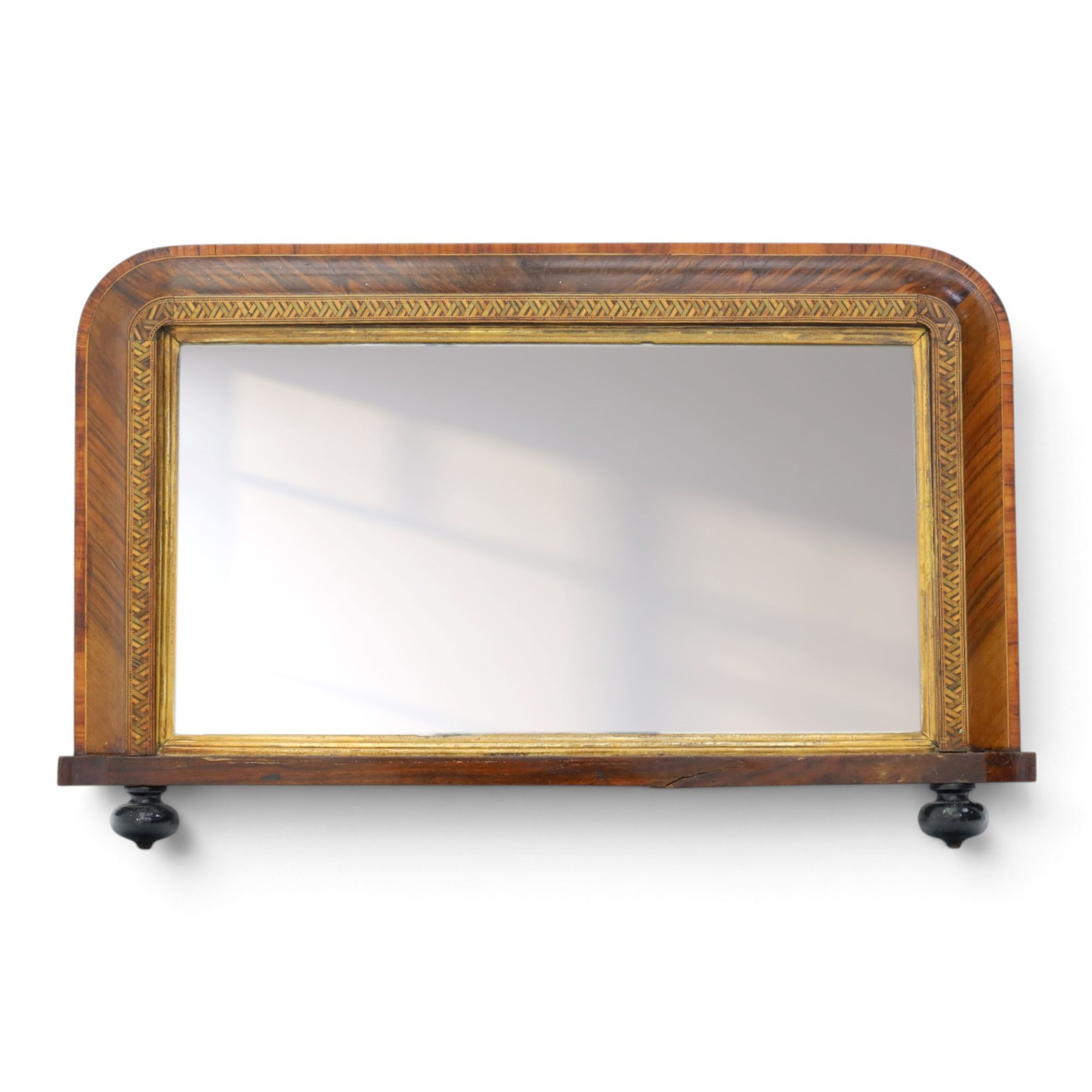 Victorian Tunbridge ware rectangular wall mirror, the moulded frame with rounded upper corners, veneered in figured walnut with geometric mosaic banding, enclosing a plain rectangular mirror plate, on projecting lower rail
