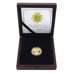 Queen Elizabeth II 2015 Jersey gold proof one pound coin, boxed with certificate