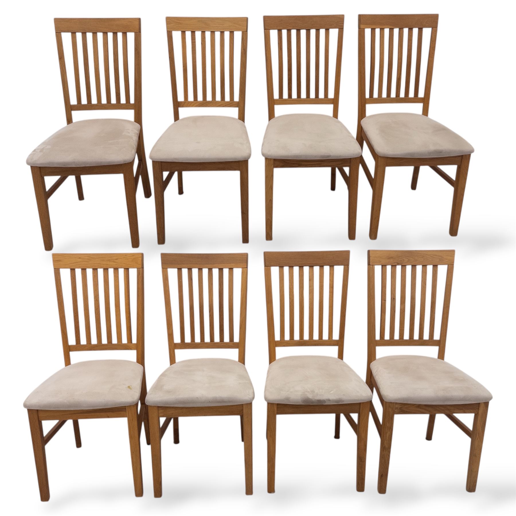 Contemporary solid oak rectangular dining table, with two additional extension leaves, together with eight matching high back dining chairs upholstered in cream suede-effect fabric (9) (Chair H 95cm, W 41cm, D 53cm) (Extends to 270cm)