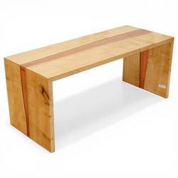 Chris Redfearn of Halifax - sycamore coffee table, the rectangular top with resin flare, raised on rectangular twin end supports
