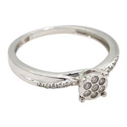 9ct white gold diamond cluster ring, with diamond set shoulders by Warren James, hallmarked, boxed with bag