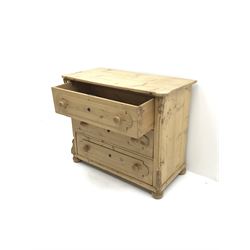 Continental style polished pine chest, shaped top, three drawers, bun feet