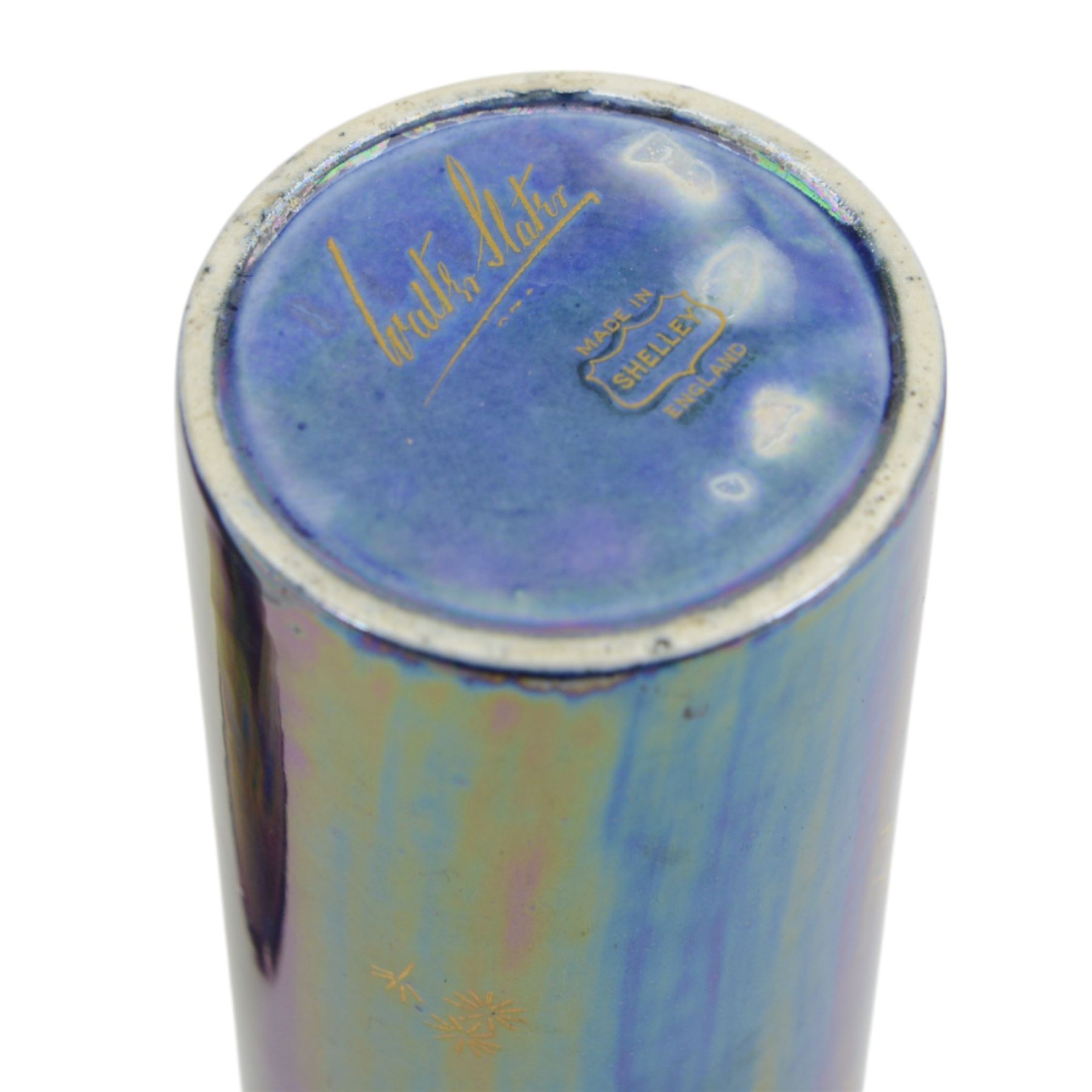 Pair of Walter Slater for Shelley lustre vases of cylindrical form decorated with the Rich Butterfly pattern, H21cm