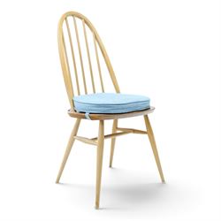 Ercol - set of four 'Quaker' dining chairs, with high hooped back, blue seat cushions with studded, tapered supports  