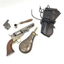 Colt model 1849 percussion six-shot pocket revolver, the 10cm octagonal barrel inscribed 'Address Col Saml Colt New York US America' with underbarrel rammer, cylinder engraved with stagecoach scene, most parts with matching serial no.258742 but cylinder numbered 58742, brass trigger guard and backstrap and tw0-piece walnut grips L25cm; with modern powder flask, bullet maker, measure and leather holster
