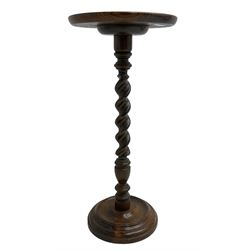 Early 20th century oak barley-twist wine table, circular top on spiral turned supports, turned circular base