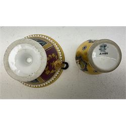 Small Coalport vase, decorated with painted landscape panels against a gilt ground, with printed mark beneath and painted number a4486, H8cm, together with a small Vienna style twin handled pedestal bowl, profusely gilded, H6.5cm