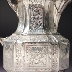 Victorian silver tea and coffee set engraved with classical urns, oval paterae and scrolling foliage, monogram and 'Diligentia et Honore' comprising teapot, tea kettle on spirit heater stand, coffee pot, two handled sugar bowl and cream jug Sheffield 1891 Maker John Round & Son Ltd