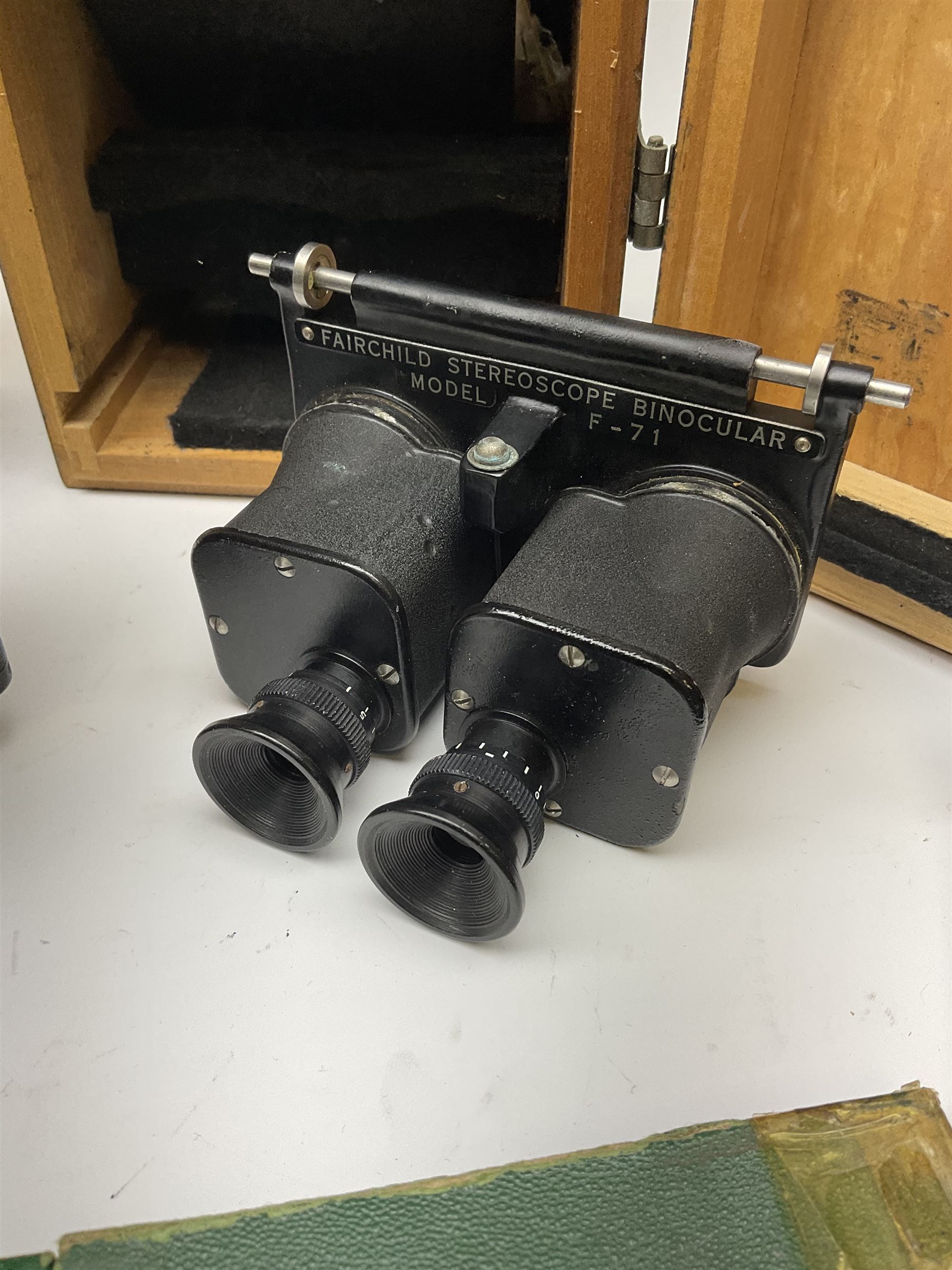 WW2 American Fairchild F-71 binocular magnifying telescope, in green painted wooden carrying box with instruction leaflet L48cm; WW2 Air Ministry Astro Compass Mk.II Ref. 6A/1174(0); Zenith Projection & Camera Lucida Attachment RA-6, boxed with instructions and 1977 purchase invoice; two cased sets of drawing instruments; and a boxed Faber slide rule (6)