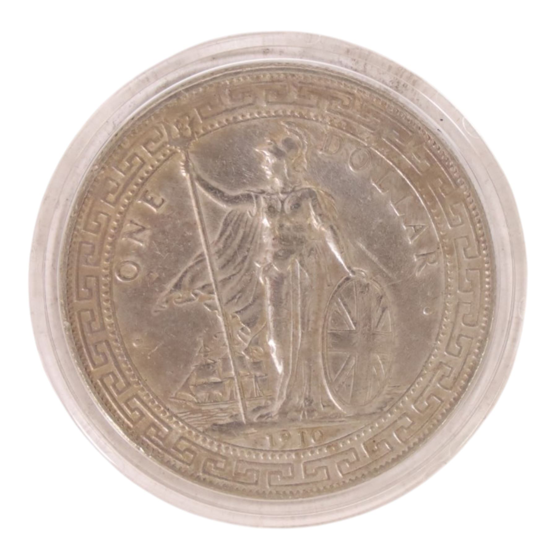 United Kingdom 1910 silver trade dollar coin, encapsulated
