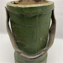 Green painted canvas covered ammunition carrier with Royal Coat of Arms and leather swing handle; probably Naval; H37.5cm not including handle