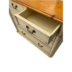 Laura Ashley pine and cream finish vanity chest, fitted with two short and three long drawers, swing mirror back