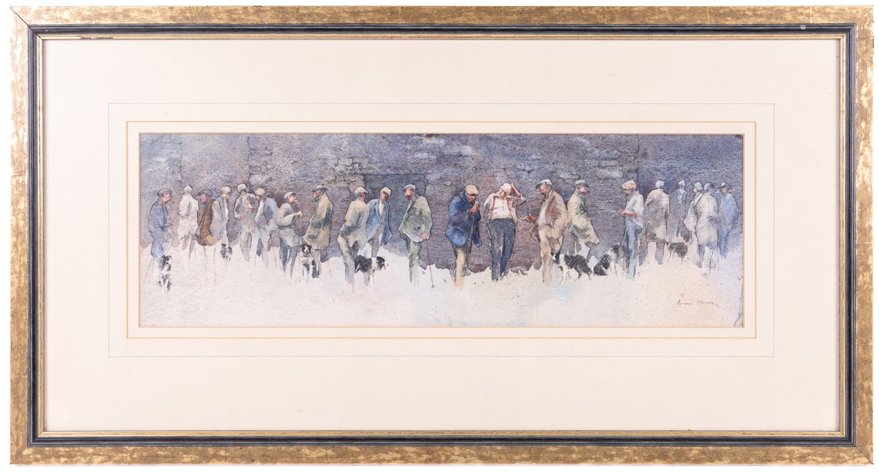 Brian Irving (British 1931-2013): Sheepdogs and Shepherds, watercolour signed 17cm x 55cm 