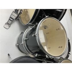 Rockburn eight-piece black drum kit with bass drum, floor tom and five other toms and snare drum; together with two other snare drums; Haosen bass drum; four cymbals; various stands, foot pedals, stool, tri-angle, drum sticks etc