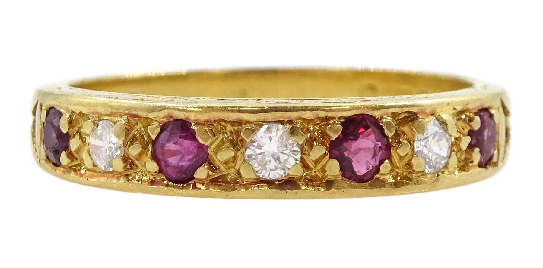 18ct gold seven stone ruby and round brilliant cut diamond half eternity ring, London 1984