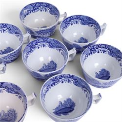 Spode Italian pattern tea and coffer service for eight place settings, comprising teapot, coffee pot, milk jug, cream jug, open sucrier, sandwich plate, cake plate, cake stand, side plates, teacups and saucers, coffee cans and saucers