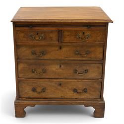 George III mahogany bachelors chest, rectangular top with moulded edge, fitted with brushing slide over two short and three long cock-beaded drawers with brass swan-neck handles, lower moulded edge on bracket feet