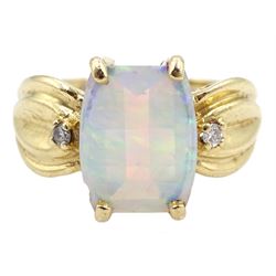 Gold three stone opal and diamond ring, stamped 10K