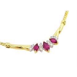 18ct gold marquise cut ruby and round brilliant cut diamond necklace, stamped