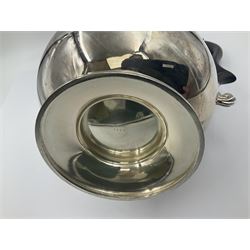 1920s five-piece silver tea service, comprising teapot, coffee pot, hot water pot, twin handled open sucrier and milk jug, each of squat circular form with shaped rim, the teapot, coffee pot and hot water pot each with ebonised handle and finial, the sucrier and milk jug with acanthus capped scroll handles, all upon circular foot, hallmarked R F Mosley & Co, Sheffield 1926 & 1927, tallest H24cm