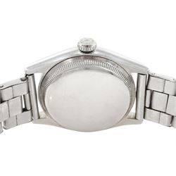 Rolex Oyster Perpetual gentleman's stainless steel automatic wristwatch, Ref. 6107, serial No. 804478, cream dial with dagger hour marks, on expanding Rolex bracelet, with fold-over clasp, with papers dated 1953 / 54