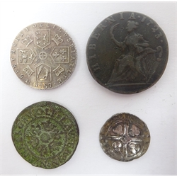  King George III 1787 shilling, William Wood's coinage for George I 1723 halfpenny, hammered silver penny and another hammered coin (4)  