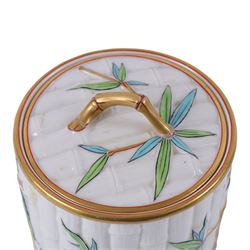 Royal Worcester Blush Ivory biscuit barrel and lid, in the form of bamboo with painted leaves and gilt highlights, H19cm 